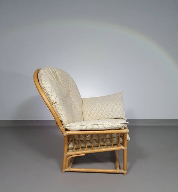 Chaise longue surdimensionnée en rotin/bambou avec coussins d'origine. Années 1970
