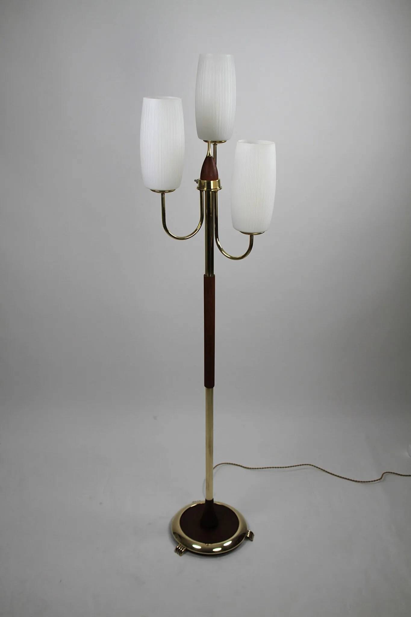 Brass & Teak Three-Light Candelabra Floor Lamp — Scandinavia, 1940s/1950s