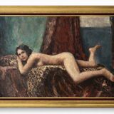 Ancient nude female painting signed Laudati, oil on canvas, French school 20th century.