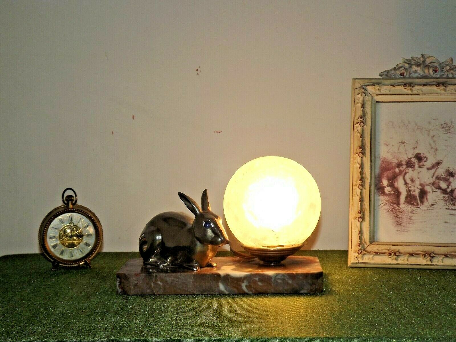 French Art Deco Lamp Marble Base Silver Metal Rabbit Crackle Ball Shade 3365