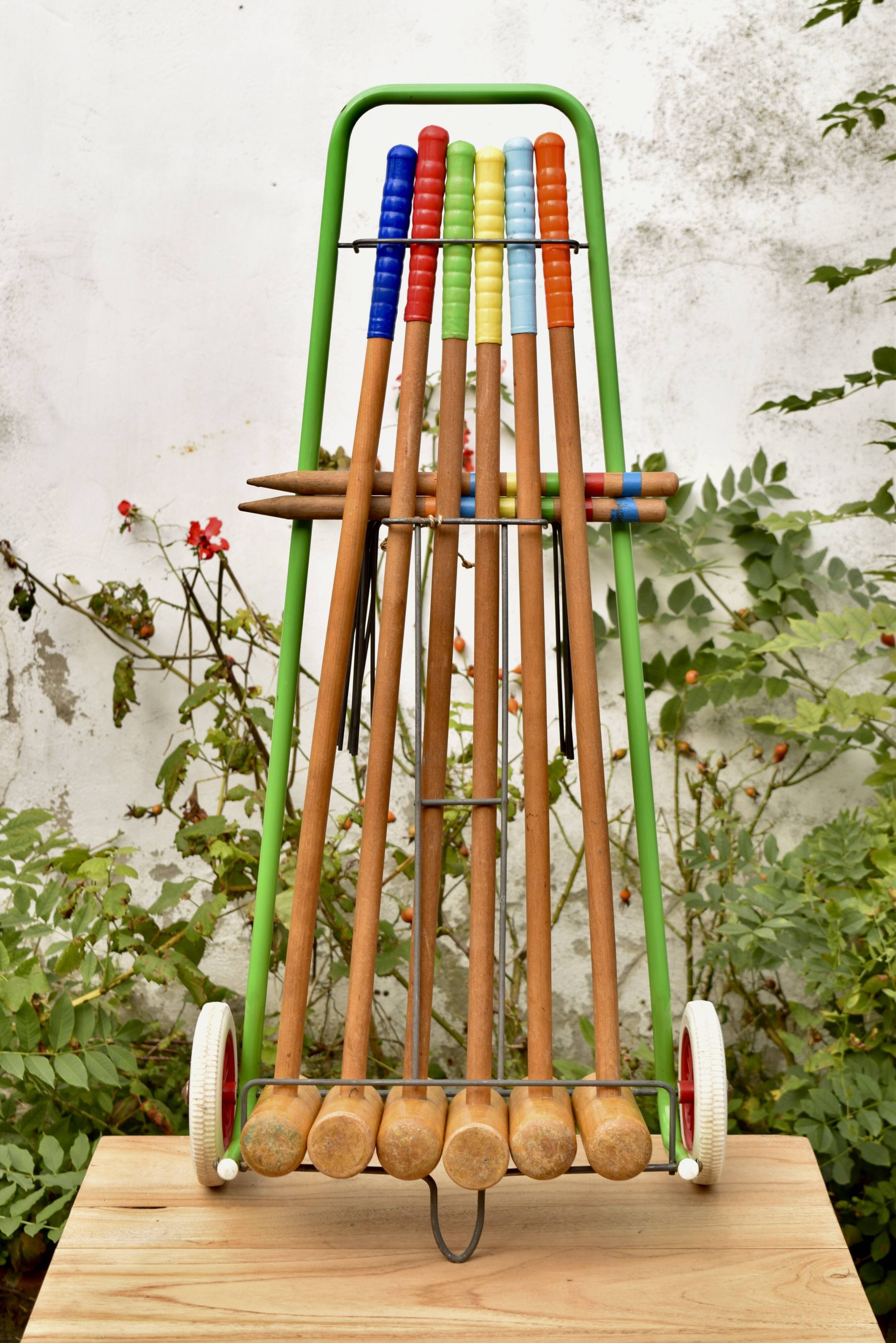Old large wooden croquet game - metal cart - 1970