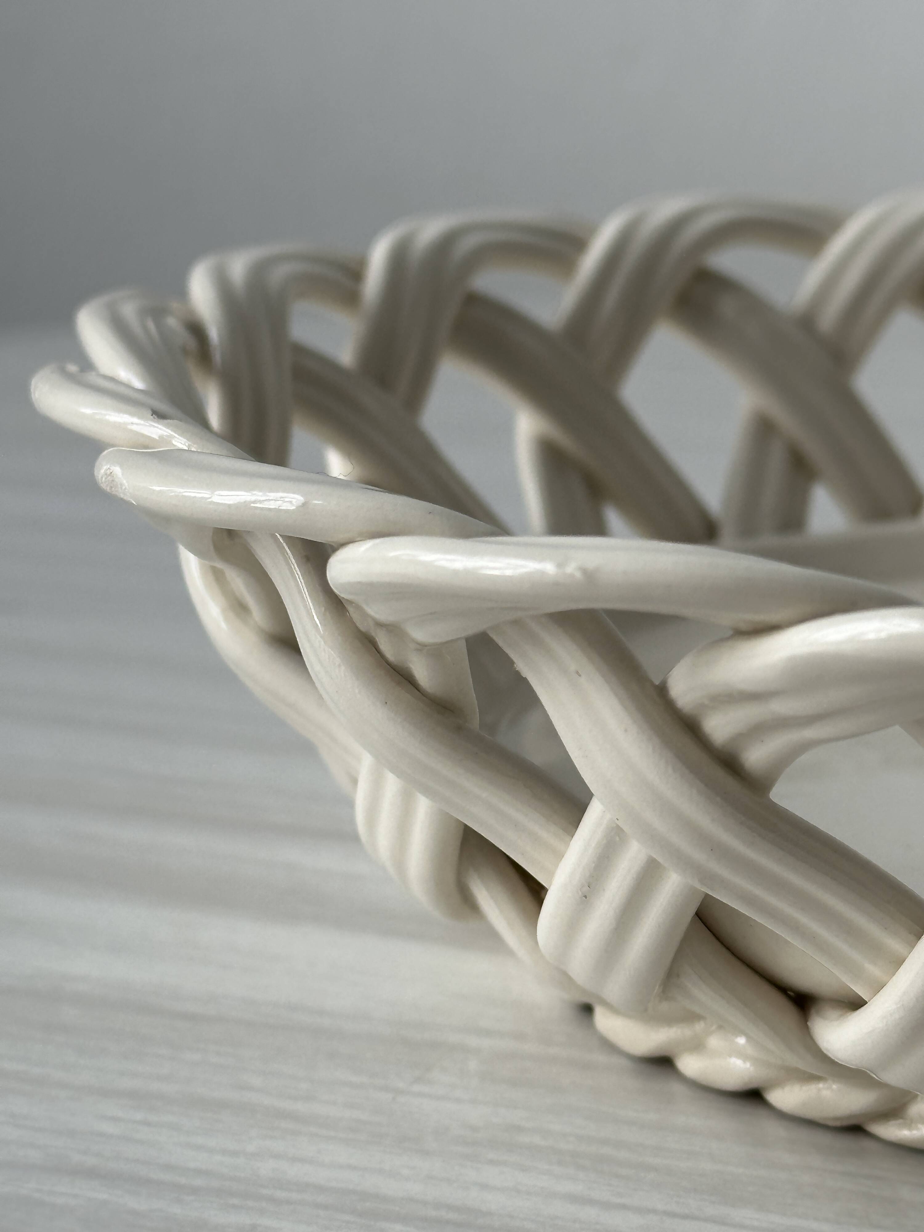 Woven white ceramic basket