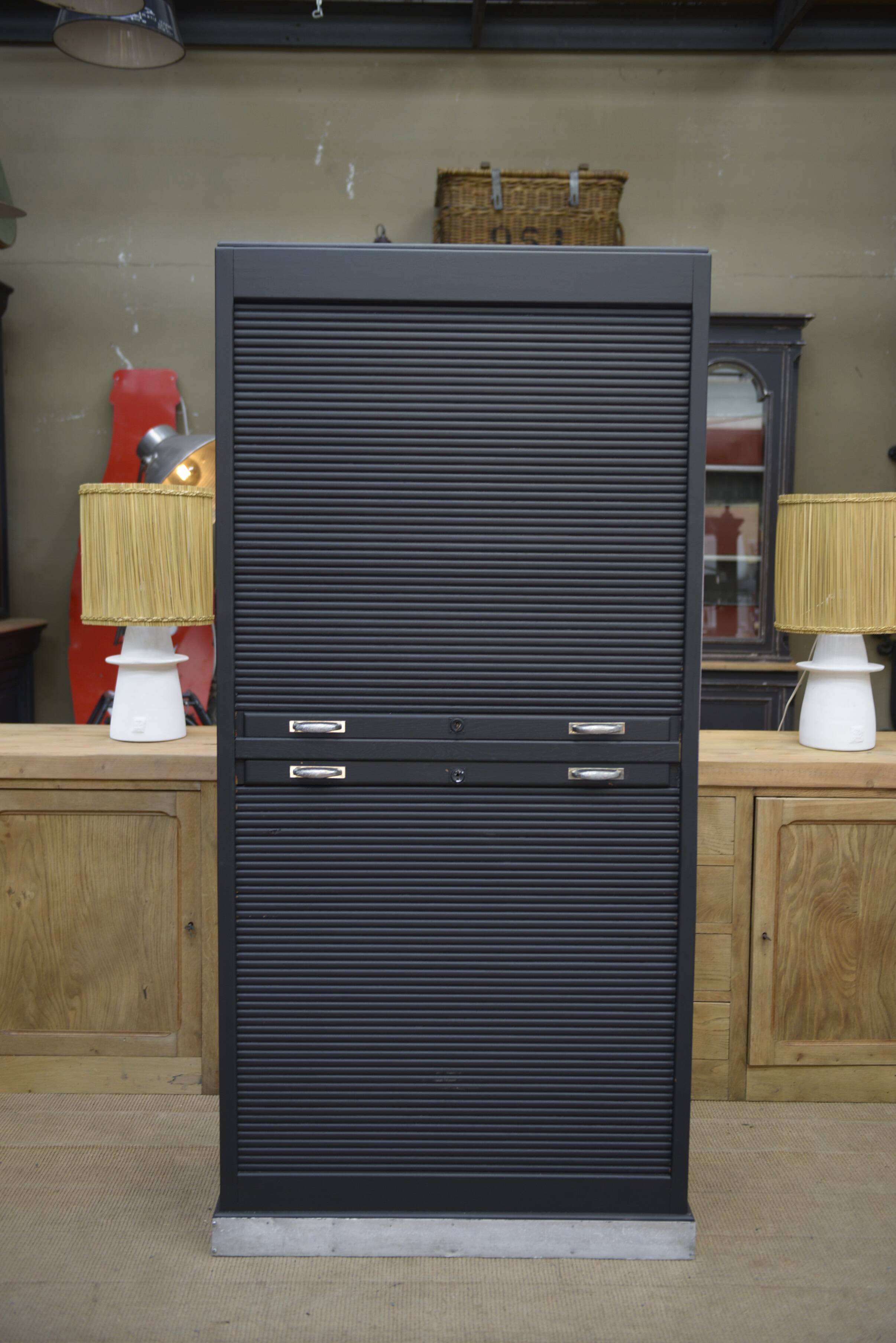 Solid oak shuttered wardrobe, anthracite grey, French work circa 1950