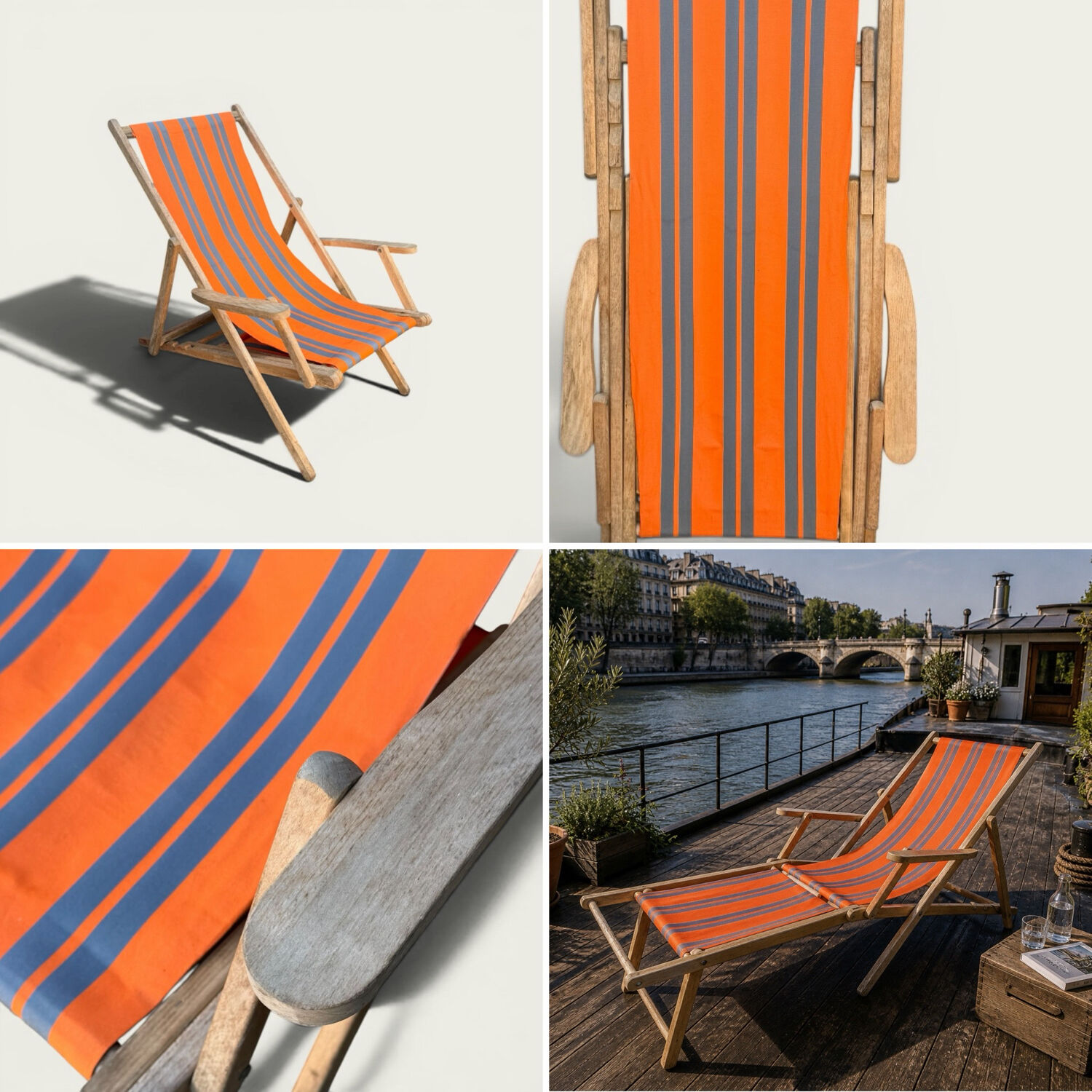 Vintage deck chair with orange and grey striped fabric, original patina.