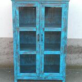 Armoire vitrée en bois ancien bleu