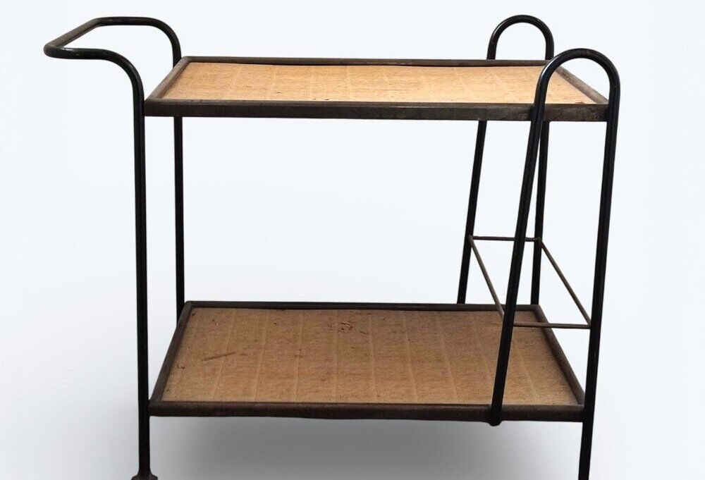 Vintage steel and rattan dessert trolley on wheels