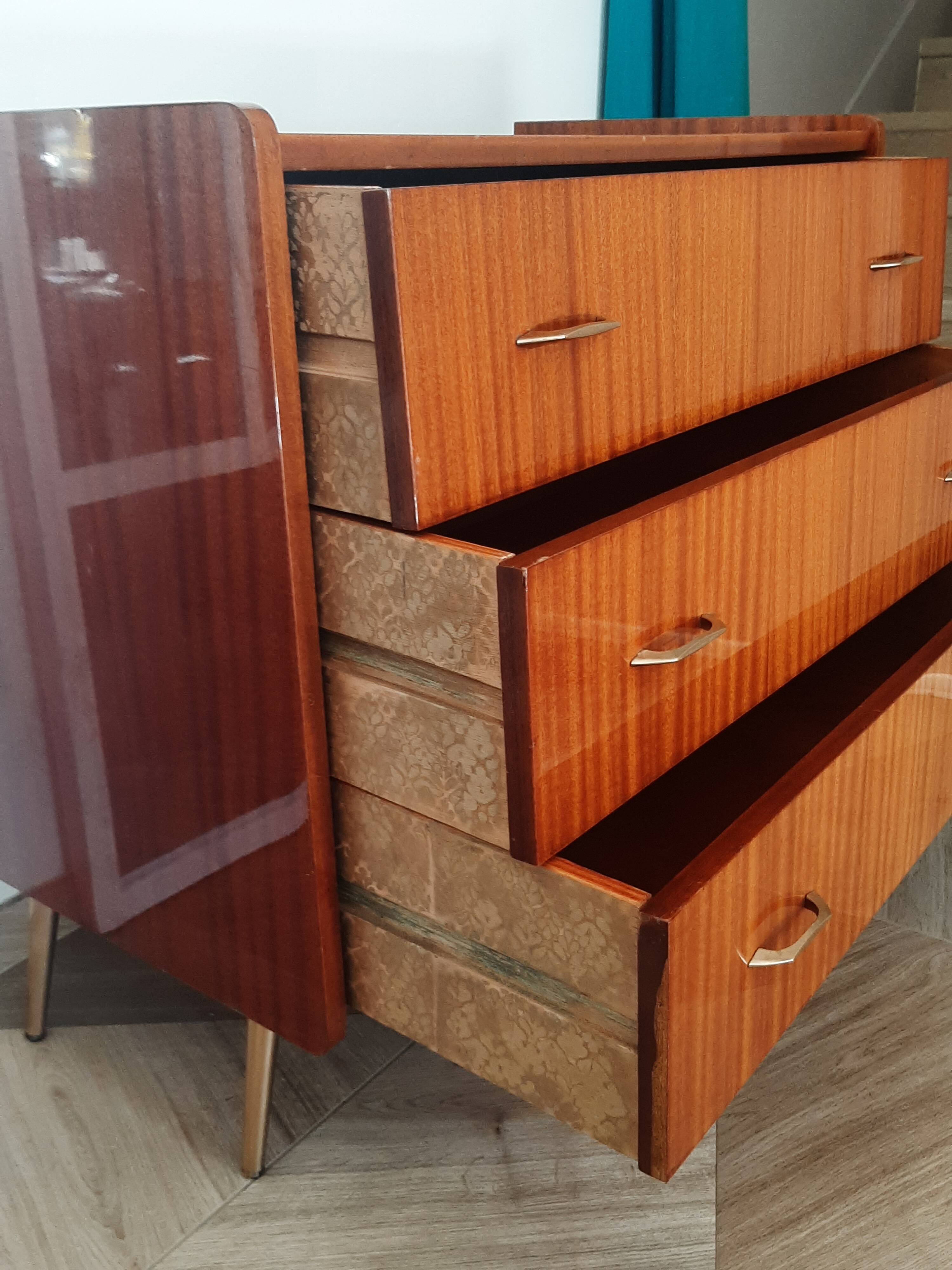 Vintage chest of drawers 3 drawers - varnished teak - Scandinavian style - retro patterns - 60s