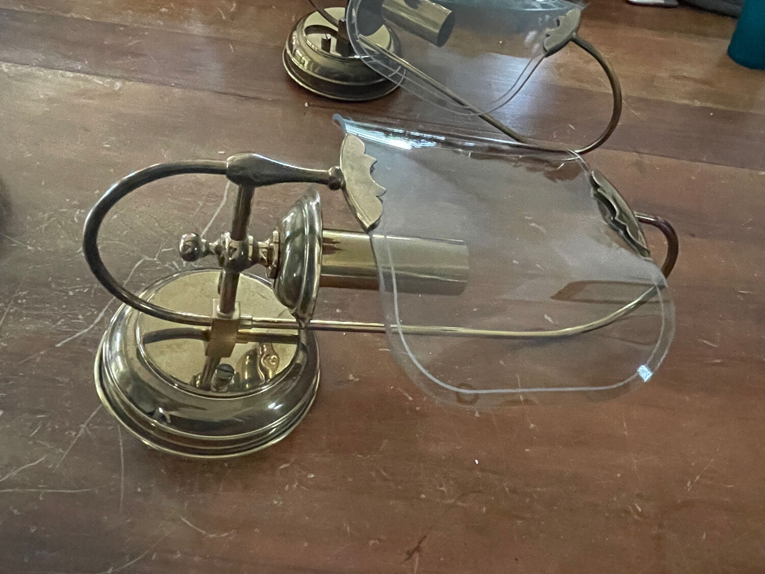 Pair of vintage brass and smoked glass wall lights