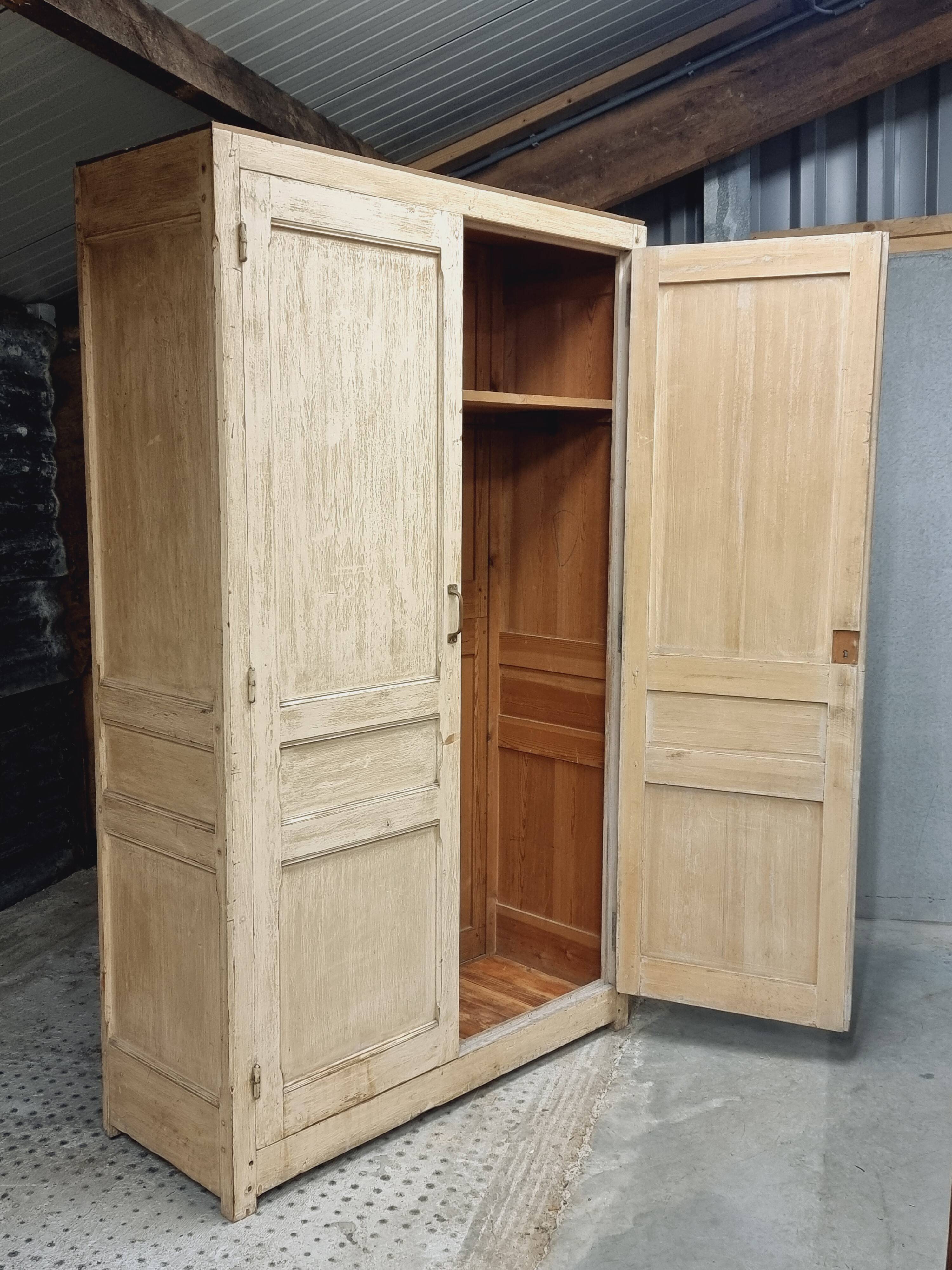 Antique wardrobe, kitchen cabinet, pinewood, creamy white