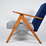 Vintage original 60s armchair, refubrished, blue velvet, poule fabric