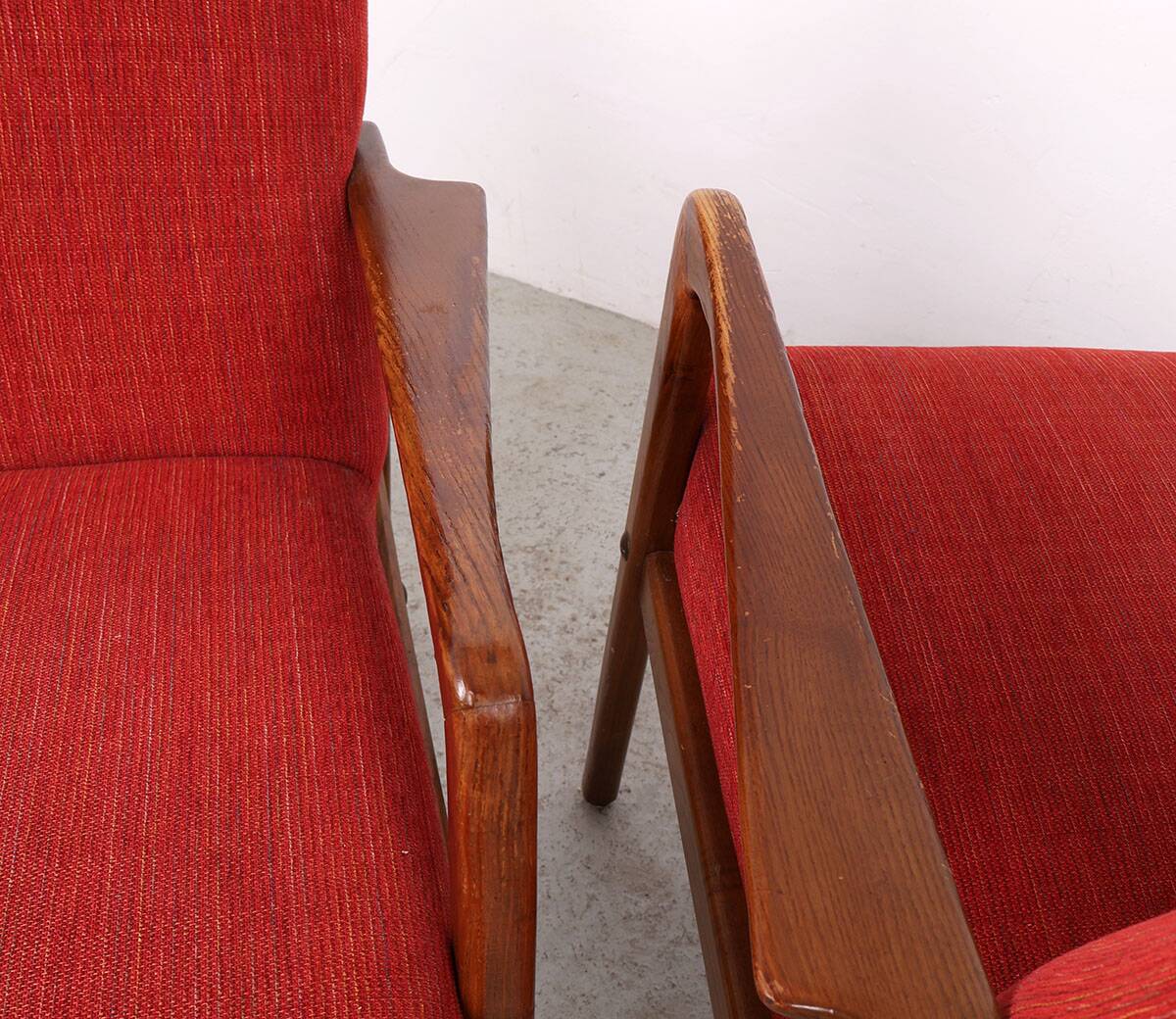 Danish vintage design wooden armchairs with coral fabric, 1950s