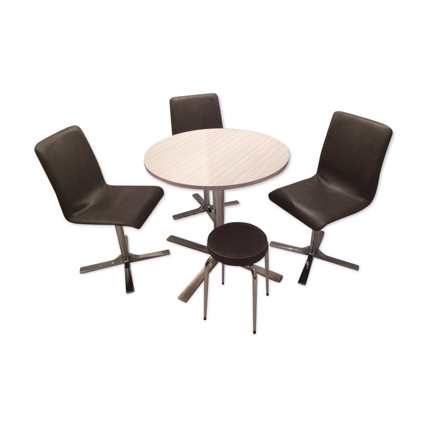Table in white Formica, 3 chairs and 1 stool in gray leatherette