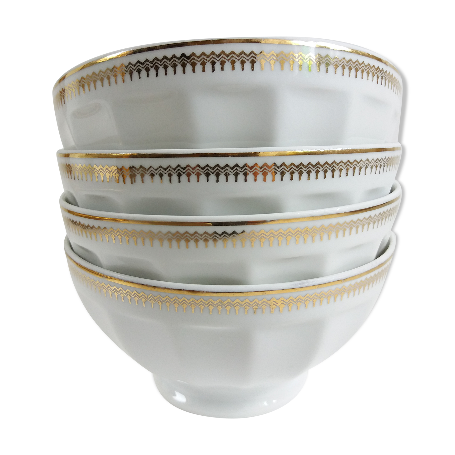 Set 4 old white and gold bowls