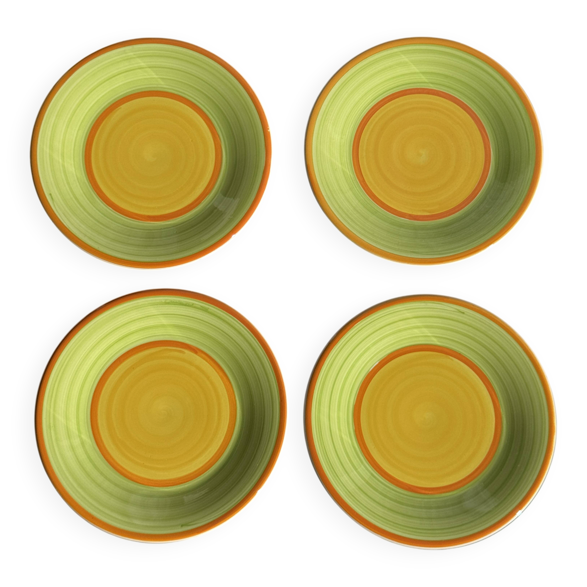 Set of 4 Italian ceramic plates in green, orange, and yellow splashes D20.