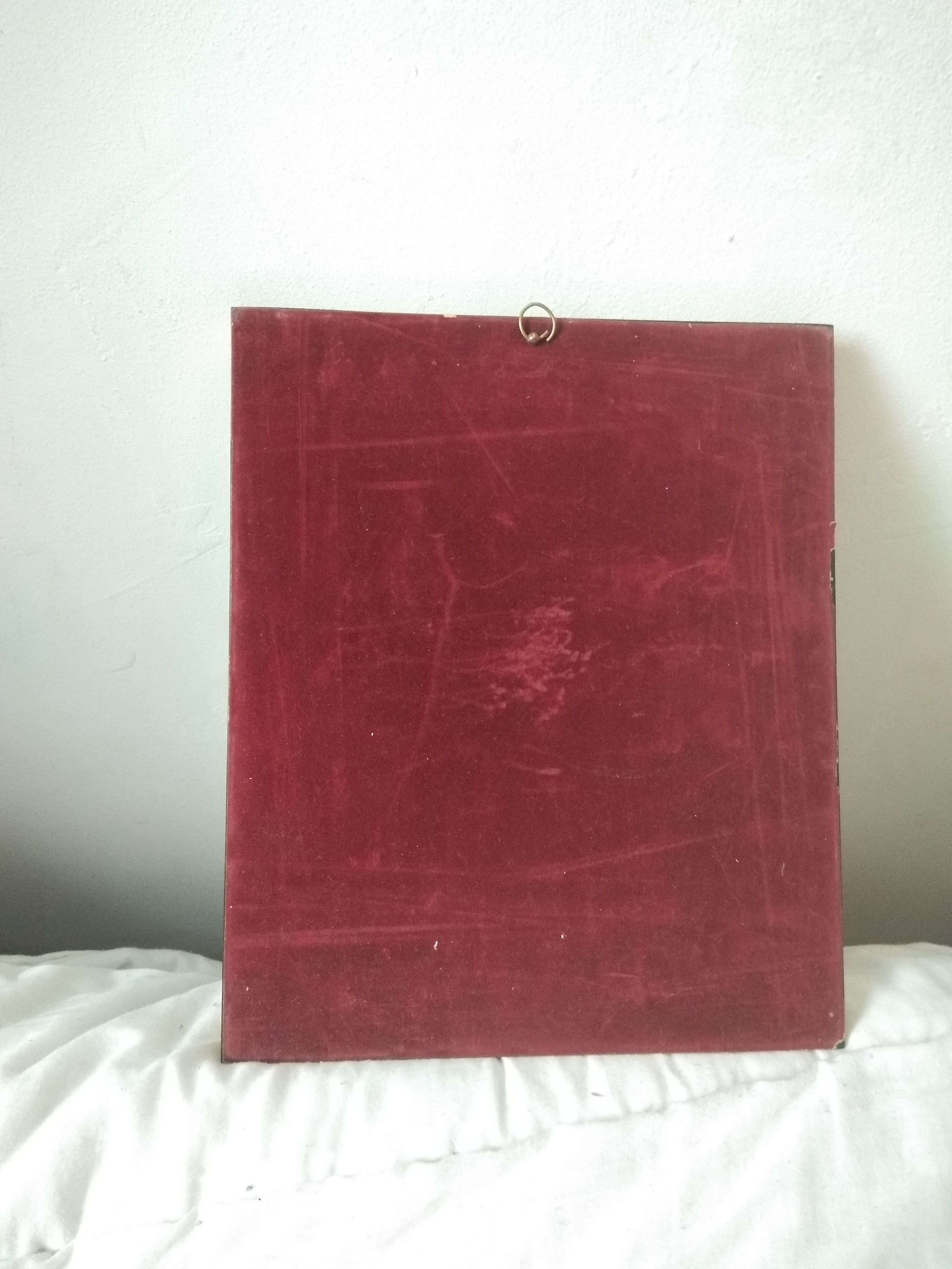 Table J B Greuze reproduction the little girl to the dog Frame 25 x 30.2 cm Back tapestry vel