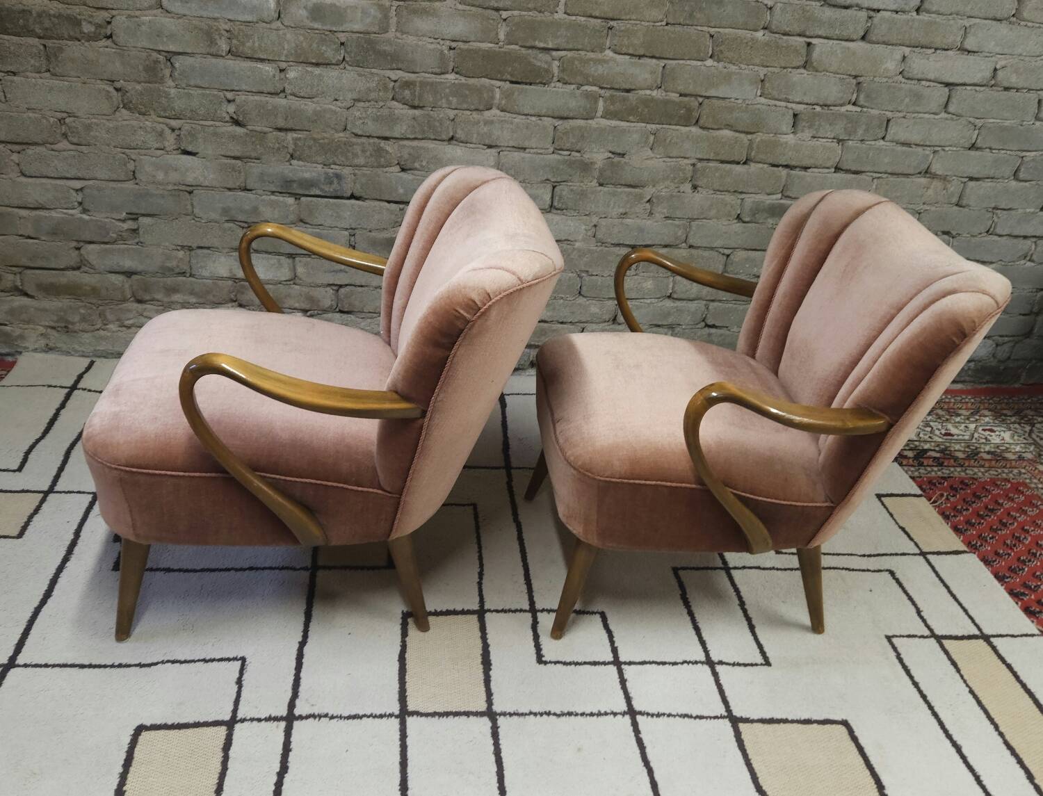 Pair of pink velvet cocktail armchairs 1960