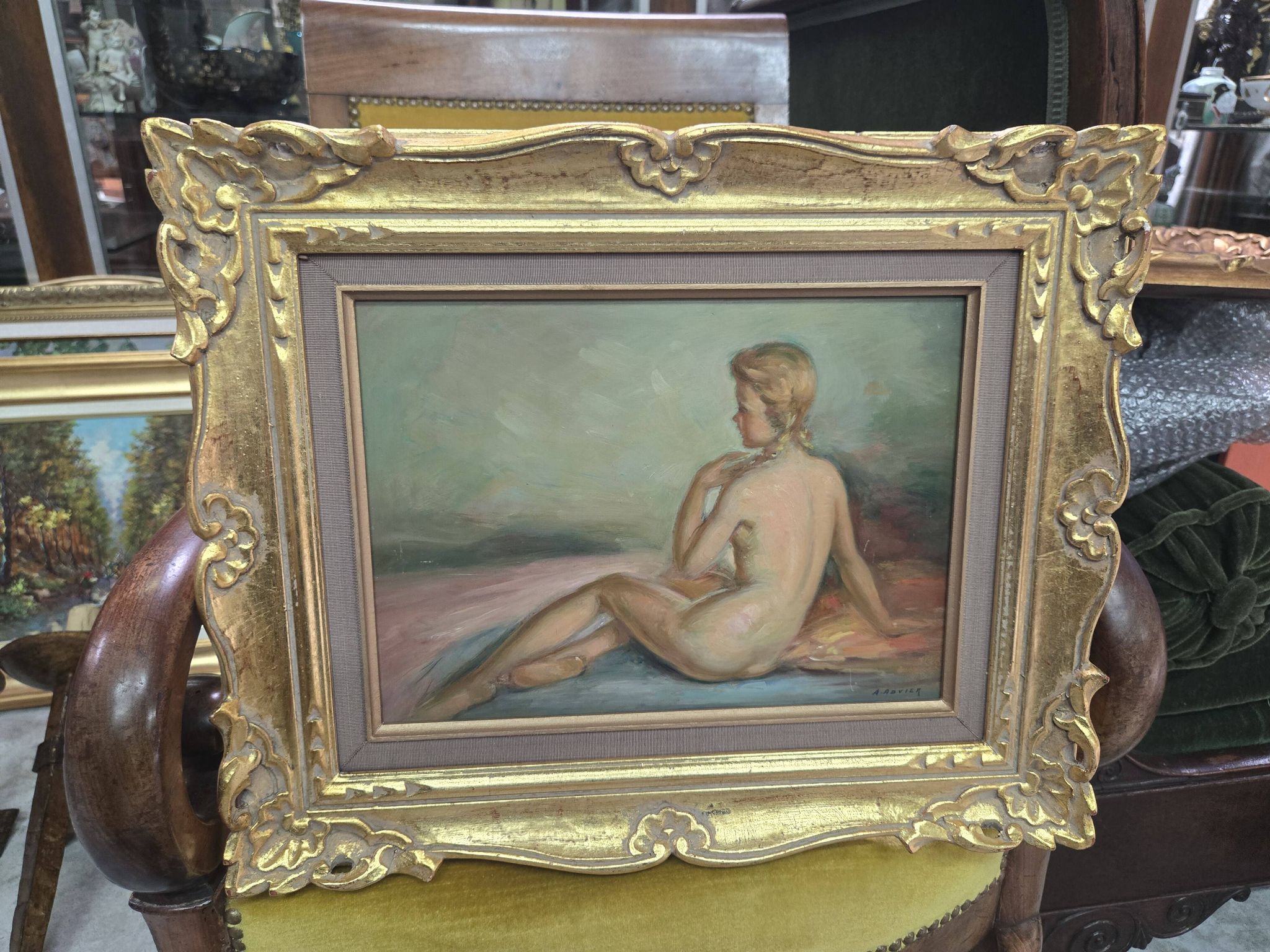 A Boyer: Oil on panel depicting a seated female nude from behind.