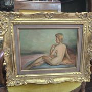 A Boyer: Oil on panel depicting a seated female nude from behind.