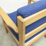 Comfortable 1980s blue and honey beech armchair