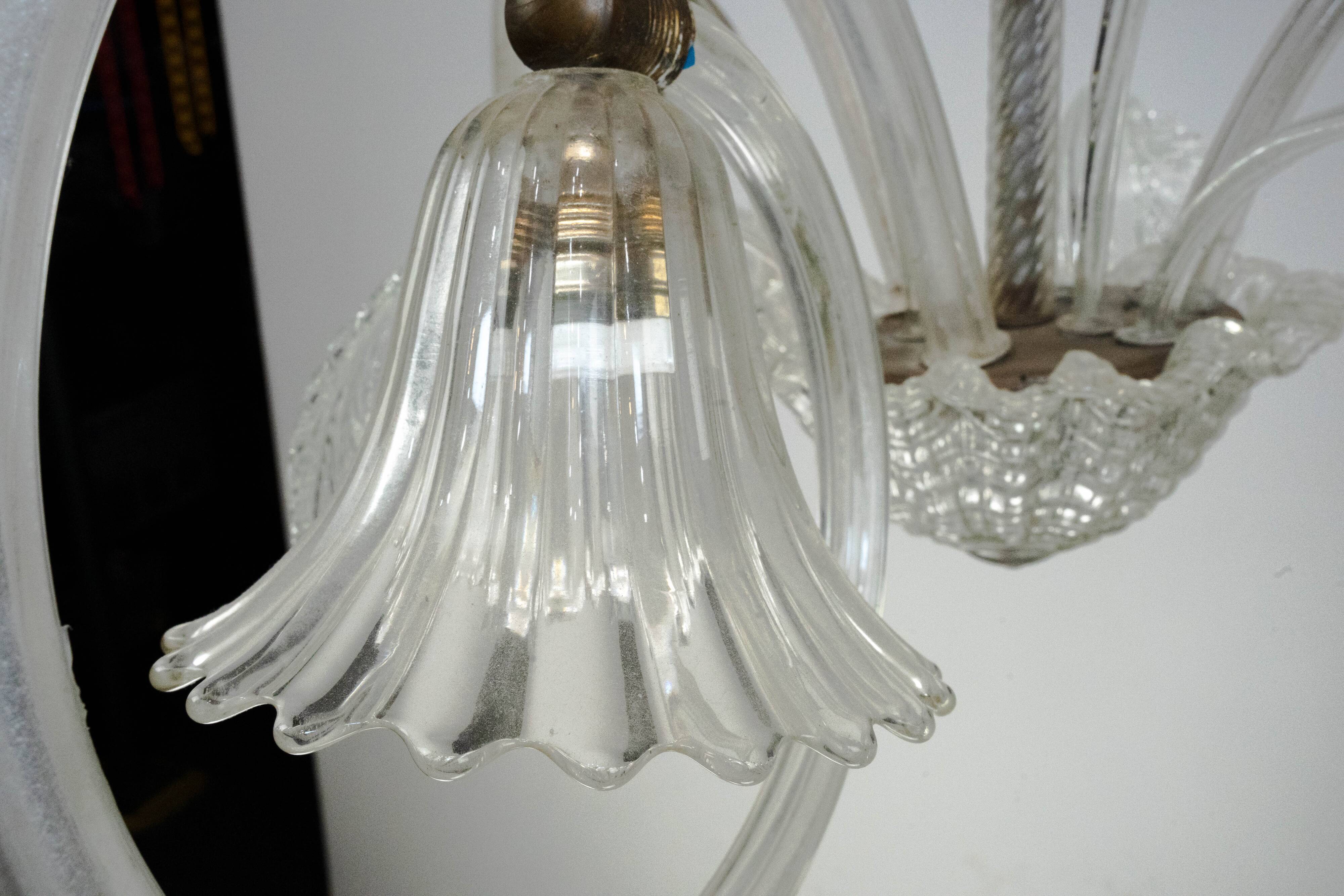 Art Deco Murano Glass Three-Arm Chandelier, Italy, 1940s