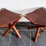 Set of teak and leather tripod stools