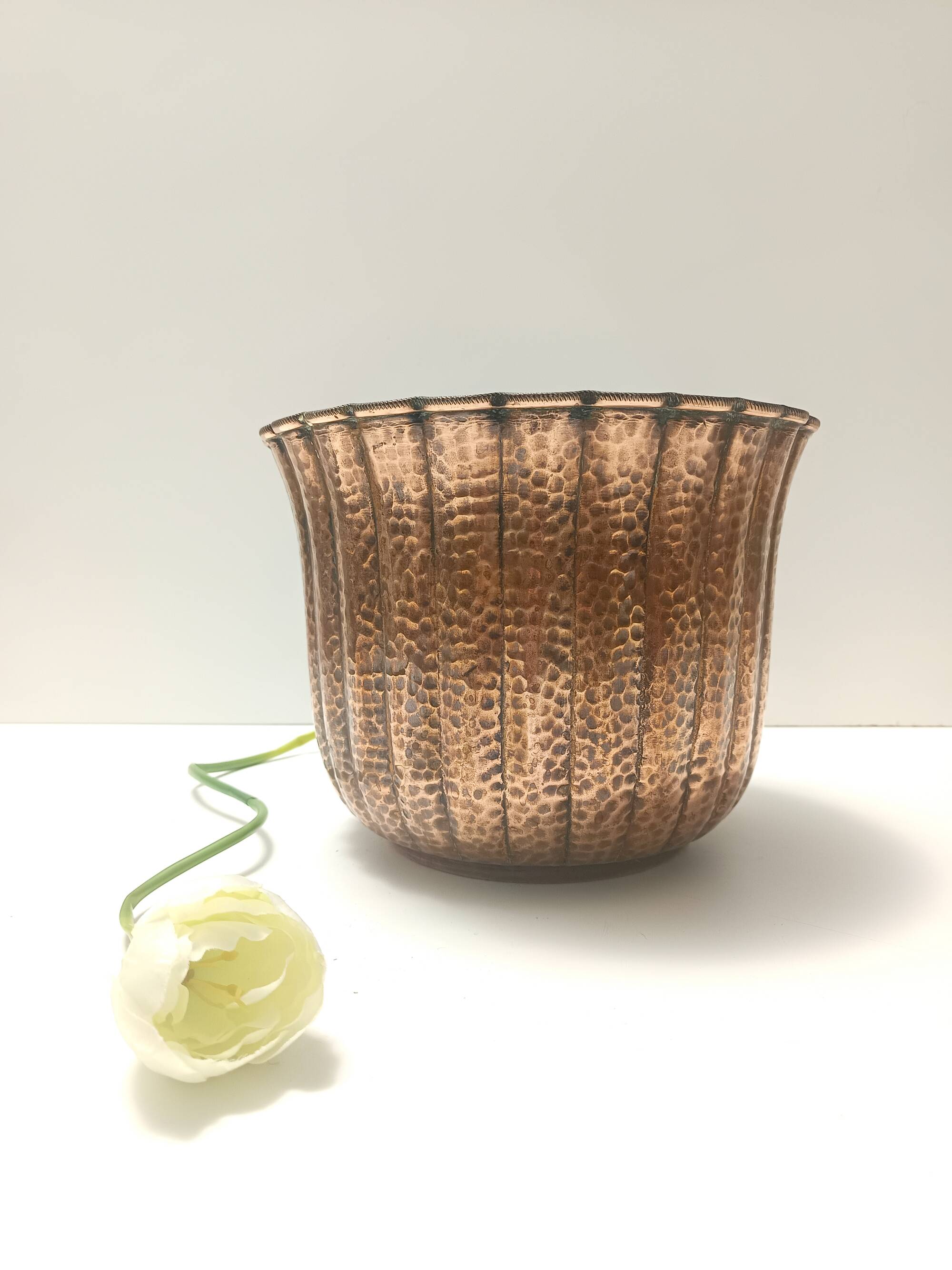 Round Embossed Copper Cachepot / Vase in the style of Egidio Casagrande