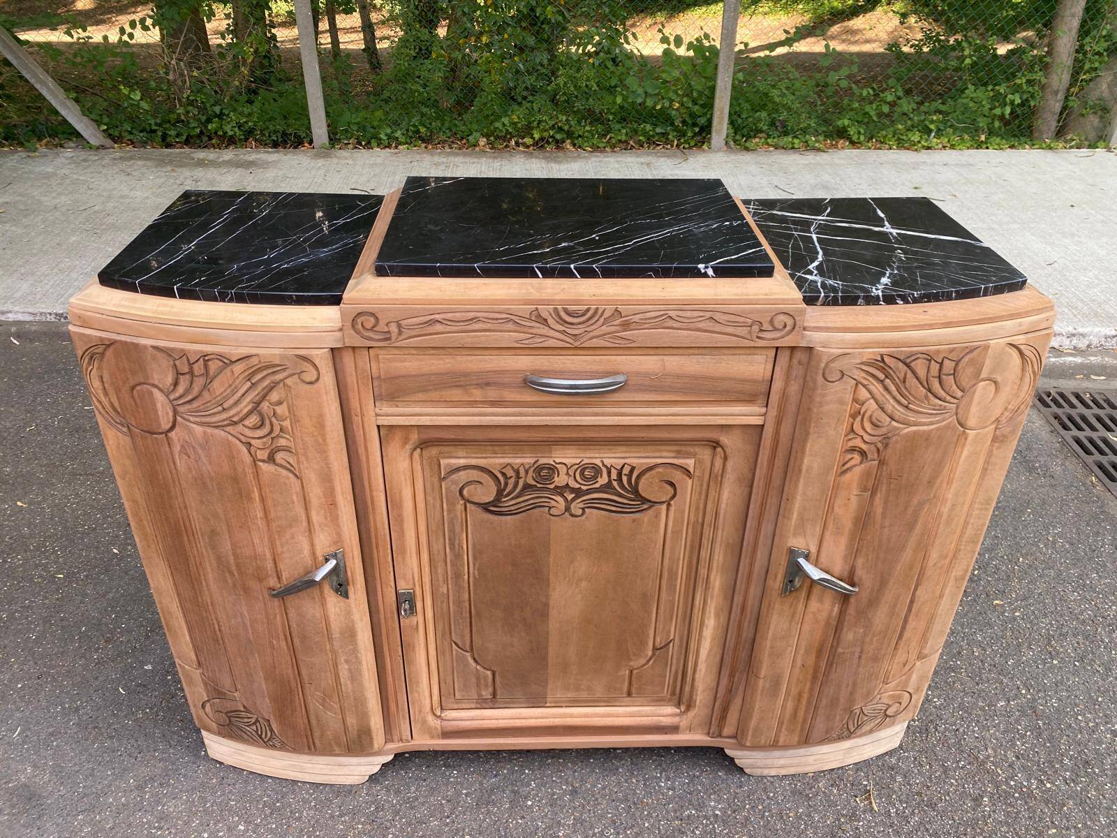 Art Deco sideboard renovated in solid walnut with black marble, 1930.