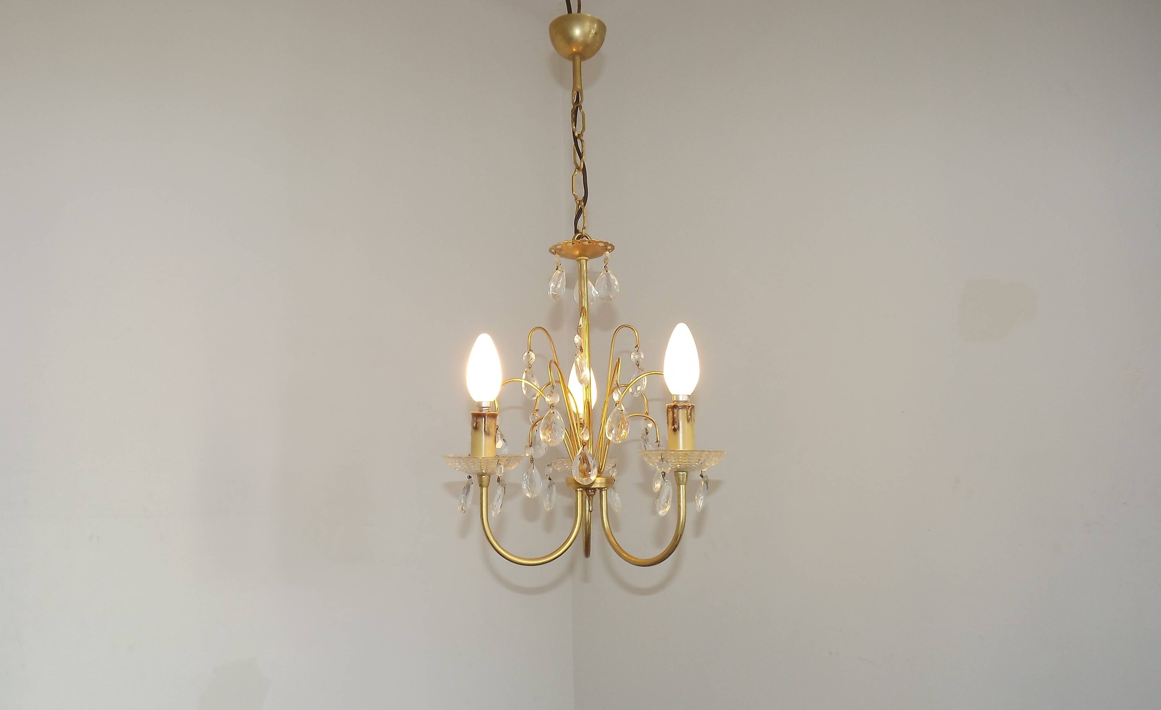 French Vintage Gold Effect Metal-Crystal 3 Light Chandelier Glass Bobeches
