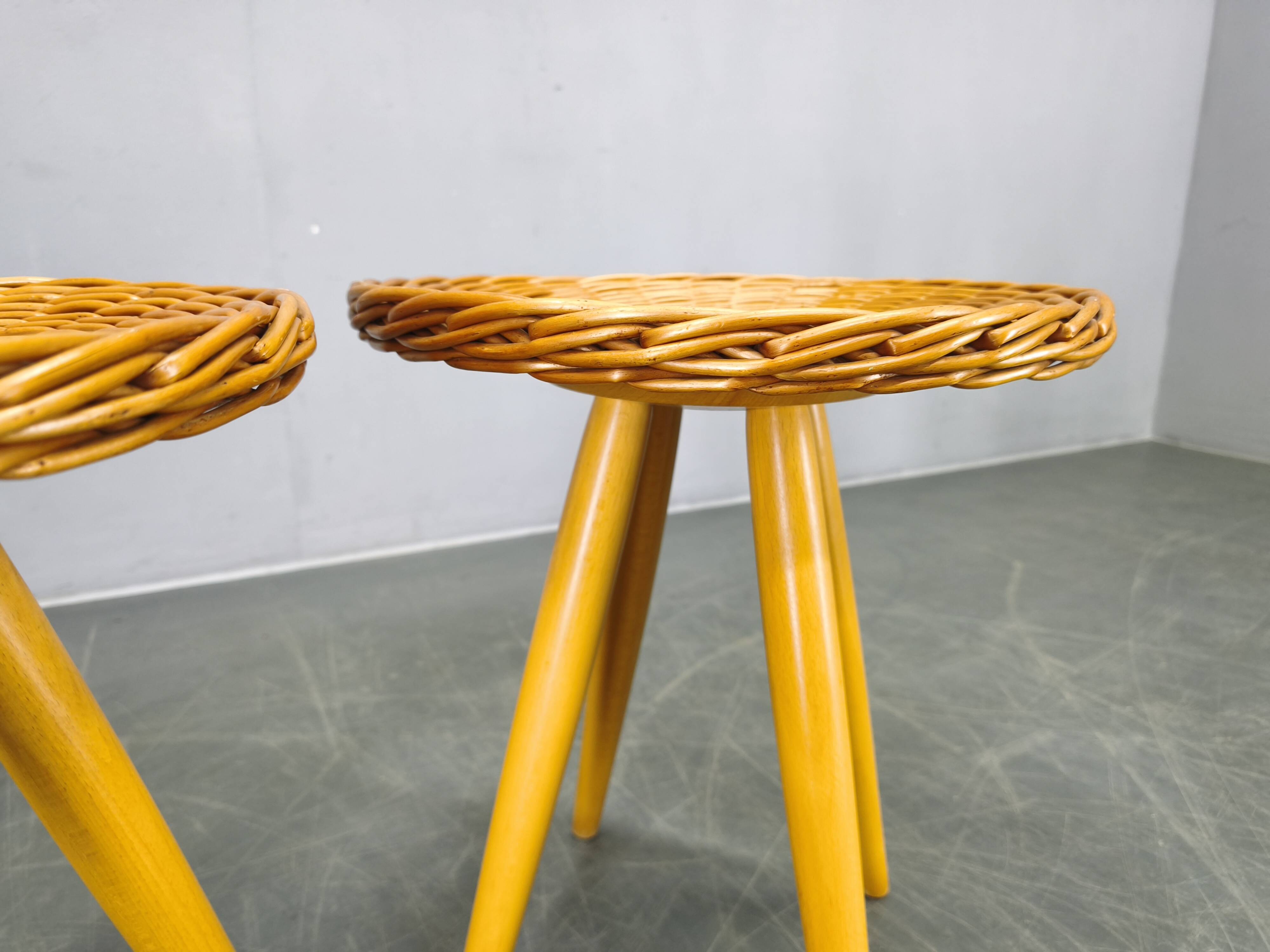 Pair of uluv rattan side tables by jan kalous, 1970s