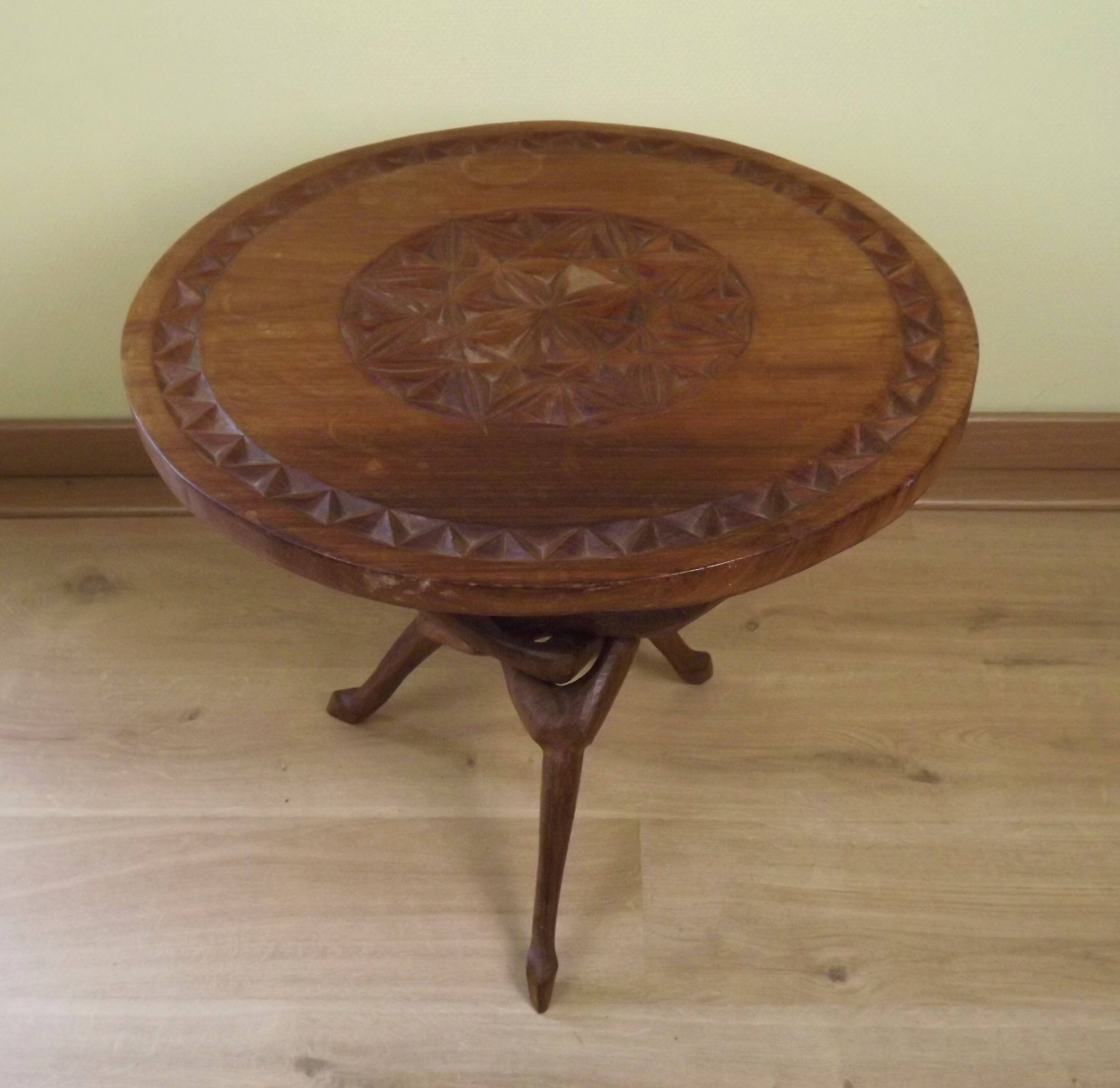 Carved African Hardwood Occasional Table with Geometric Top and Interlocking Legs