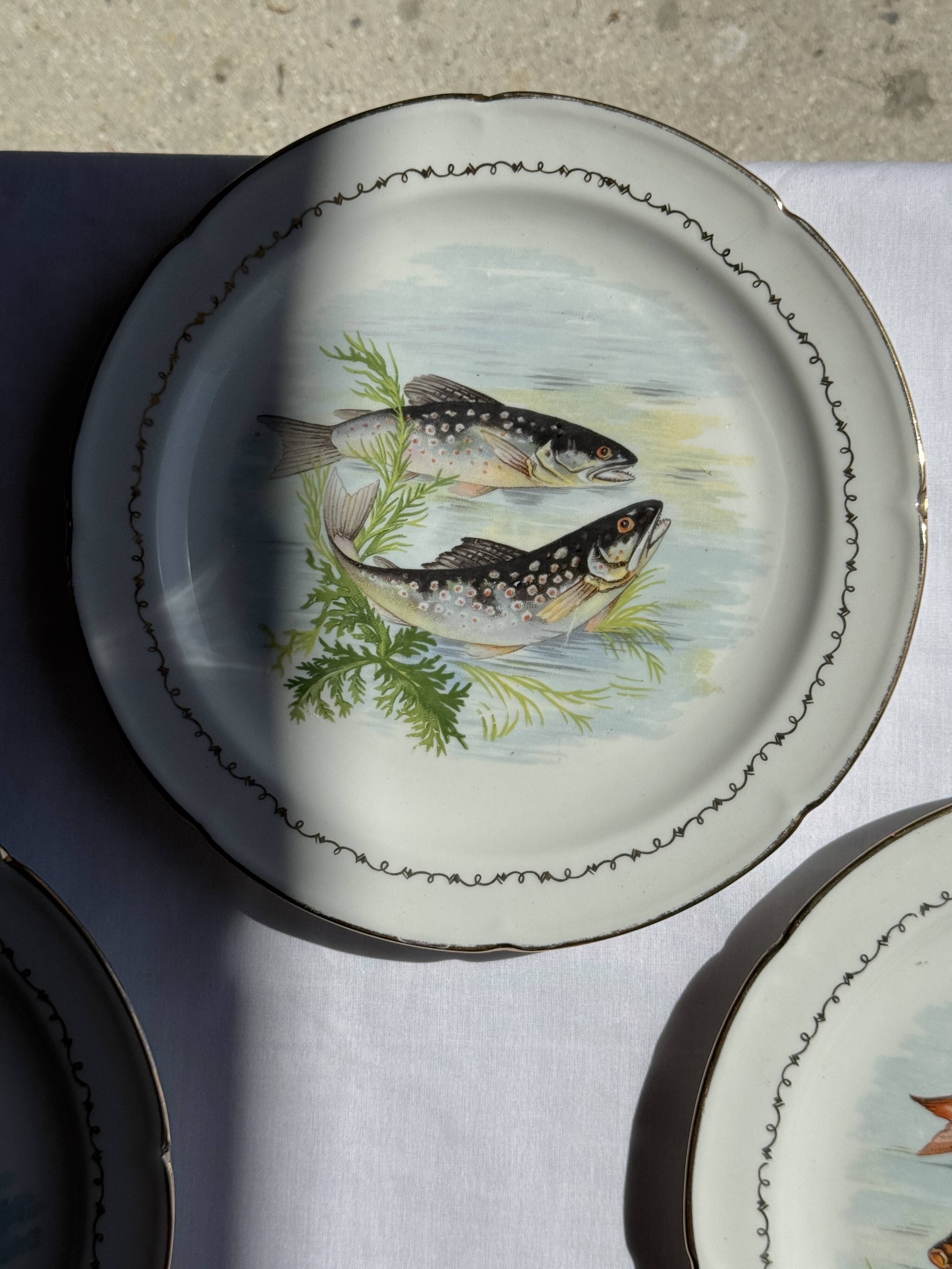 Set of 6 vintage Limoges porcelain plates with fish design.