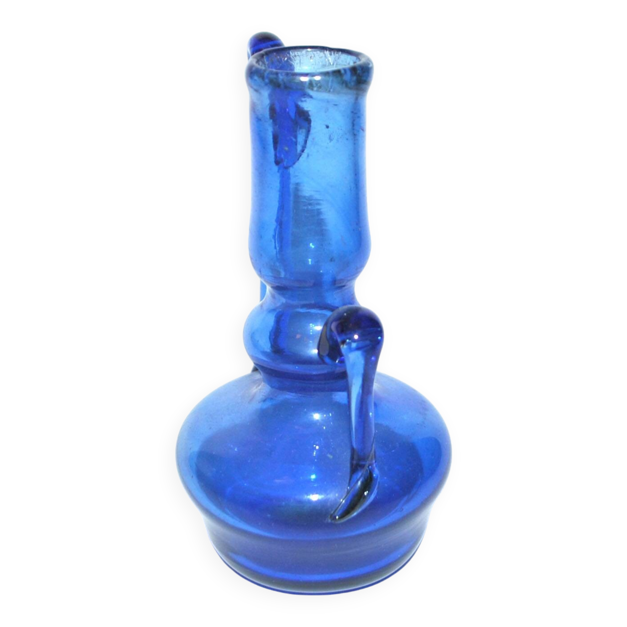 Antique blue blown glass candle holder ras de cave vase folk art 19th c.
