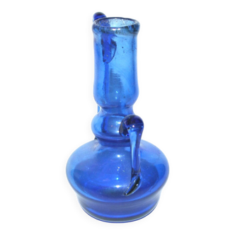 Antique blue blown glass candle holder ras de cave vase folk art 19th c.