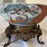 Chinese ceramic cup landscape patterns brass base supported by 4 elephants lai