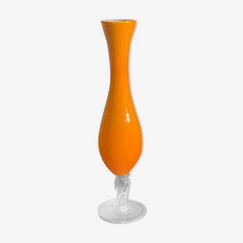 Vase orange vintage verre opaline sur pied