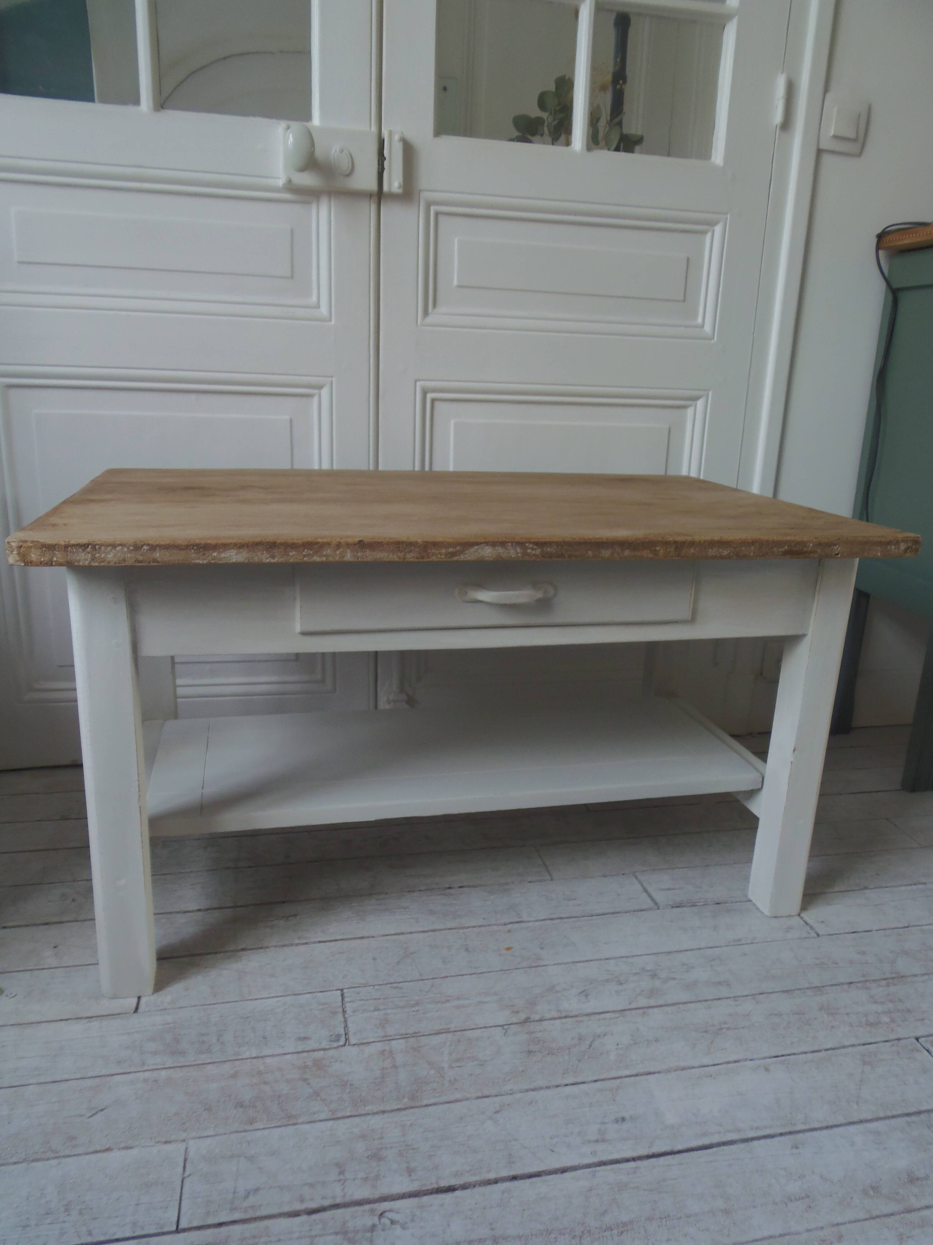 Coffee table made from a vintage table, pearl gray patina, wooden top.
