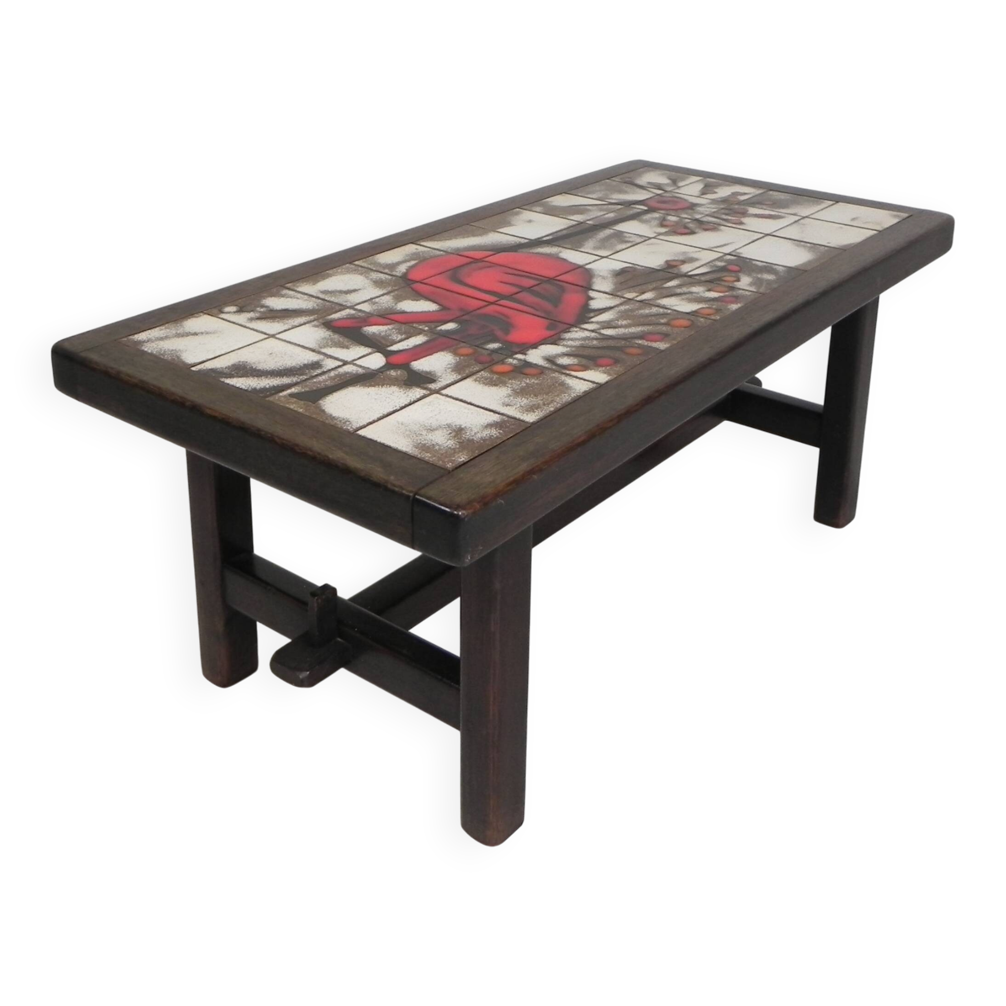 Square tile table from Vallauris, signed Dan with an image of a fantastic bird, 1960s.