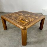 Ancienne table basse plateau marbre doré design années 70 pieds bois vintage