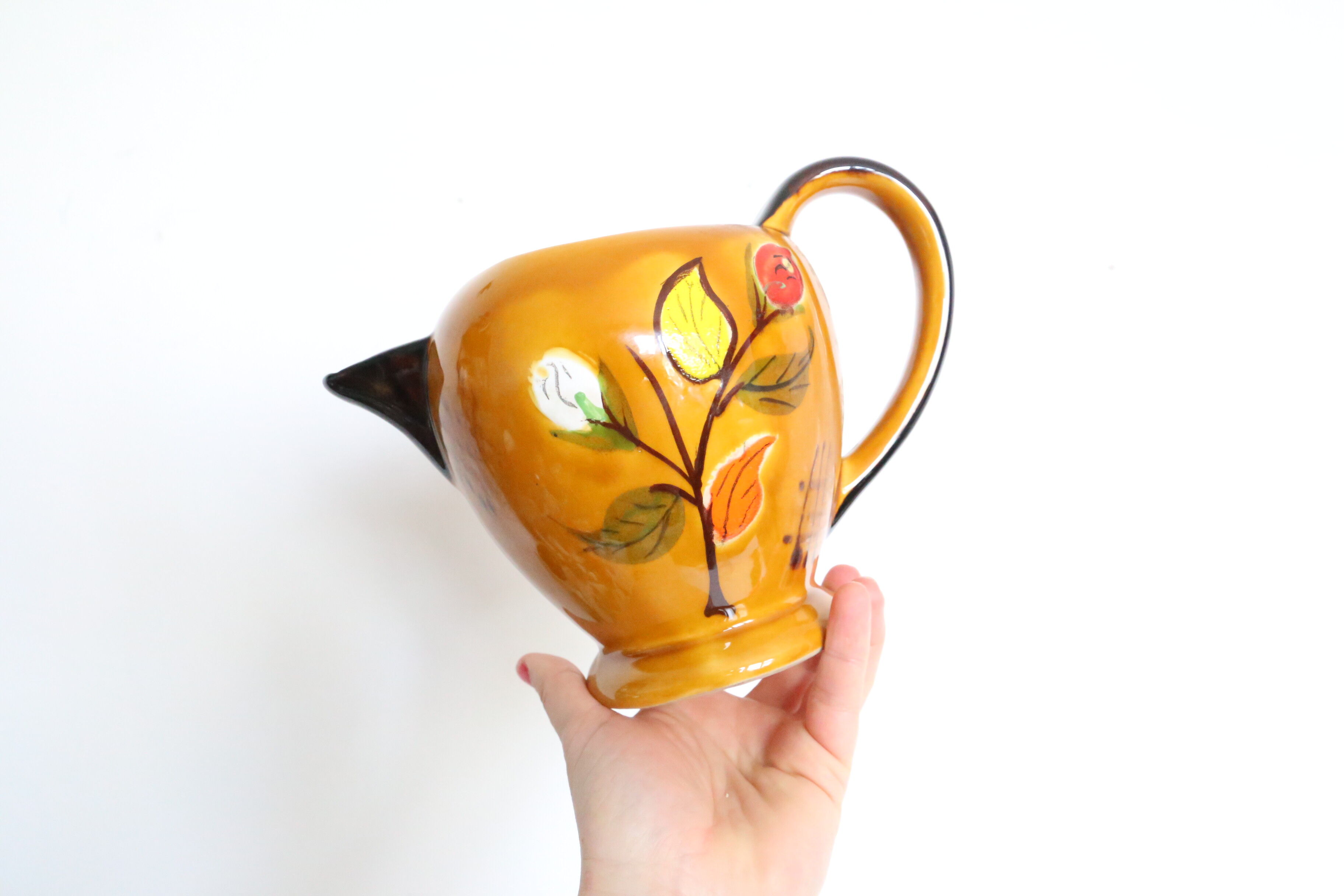 Pichet en céramique, marron et fleuri, vintage