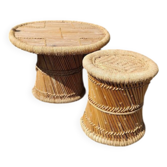Bamboo and woven rope coffee table and stool