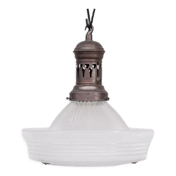 Suspension antique holophane en verre et laiton