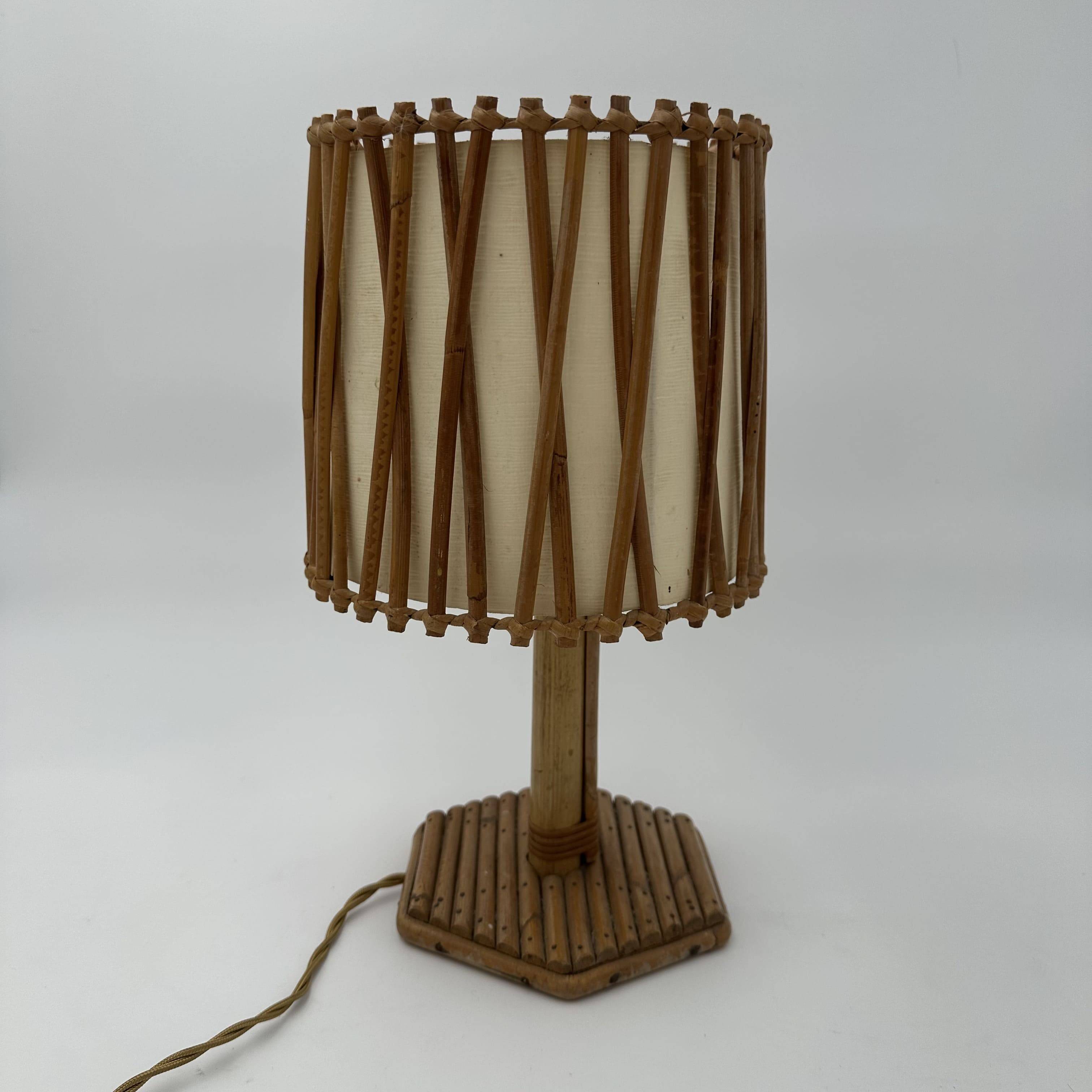 Rattan Table Lamp with Crosshatch Shade, Attributed to Louis Sognot,