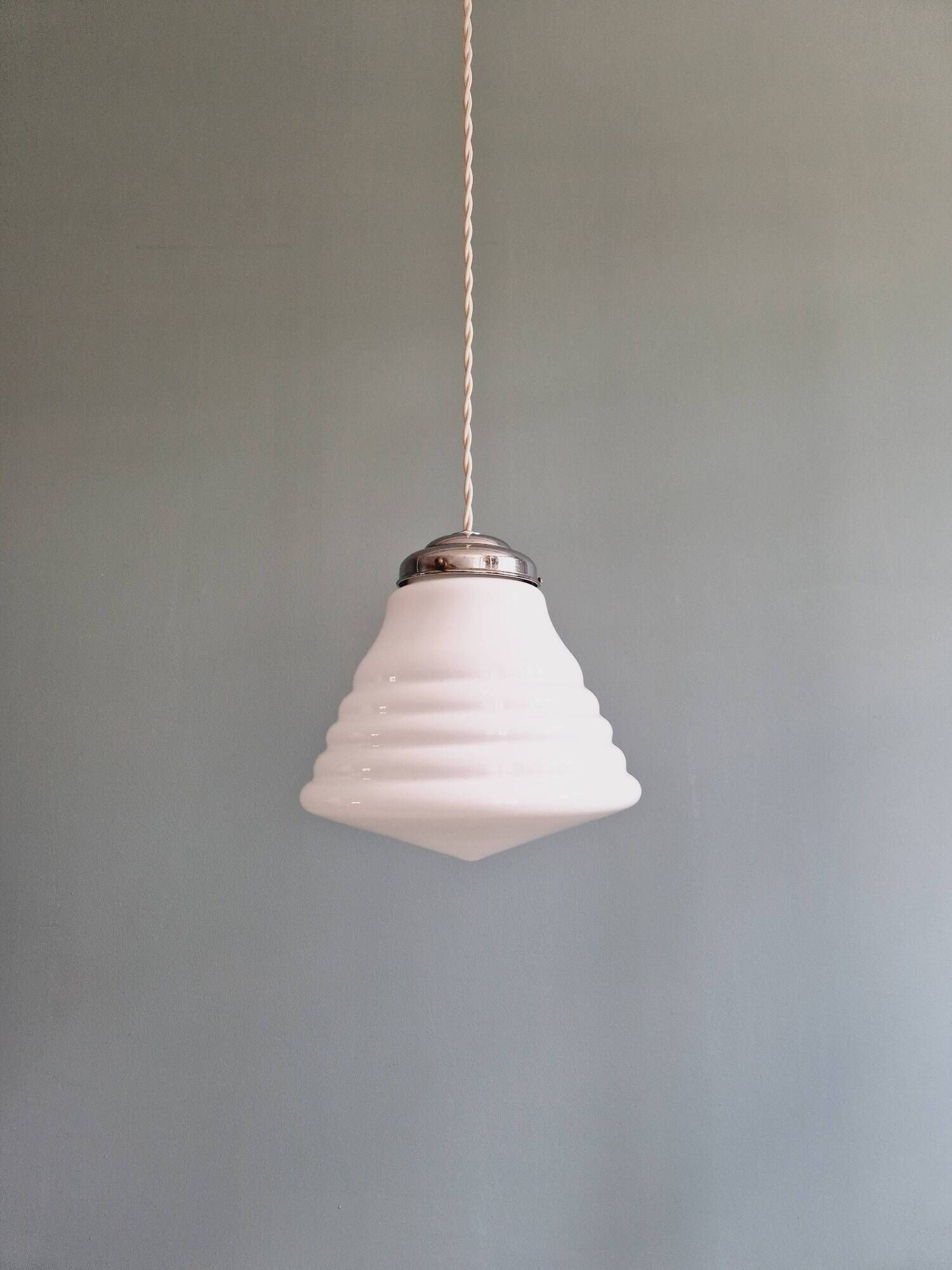 Art Deco conical pendant light in white opaline, 1920s-30s