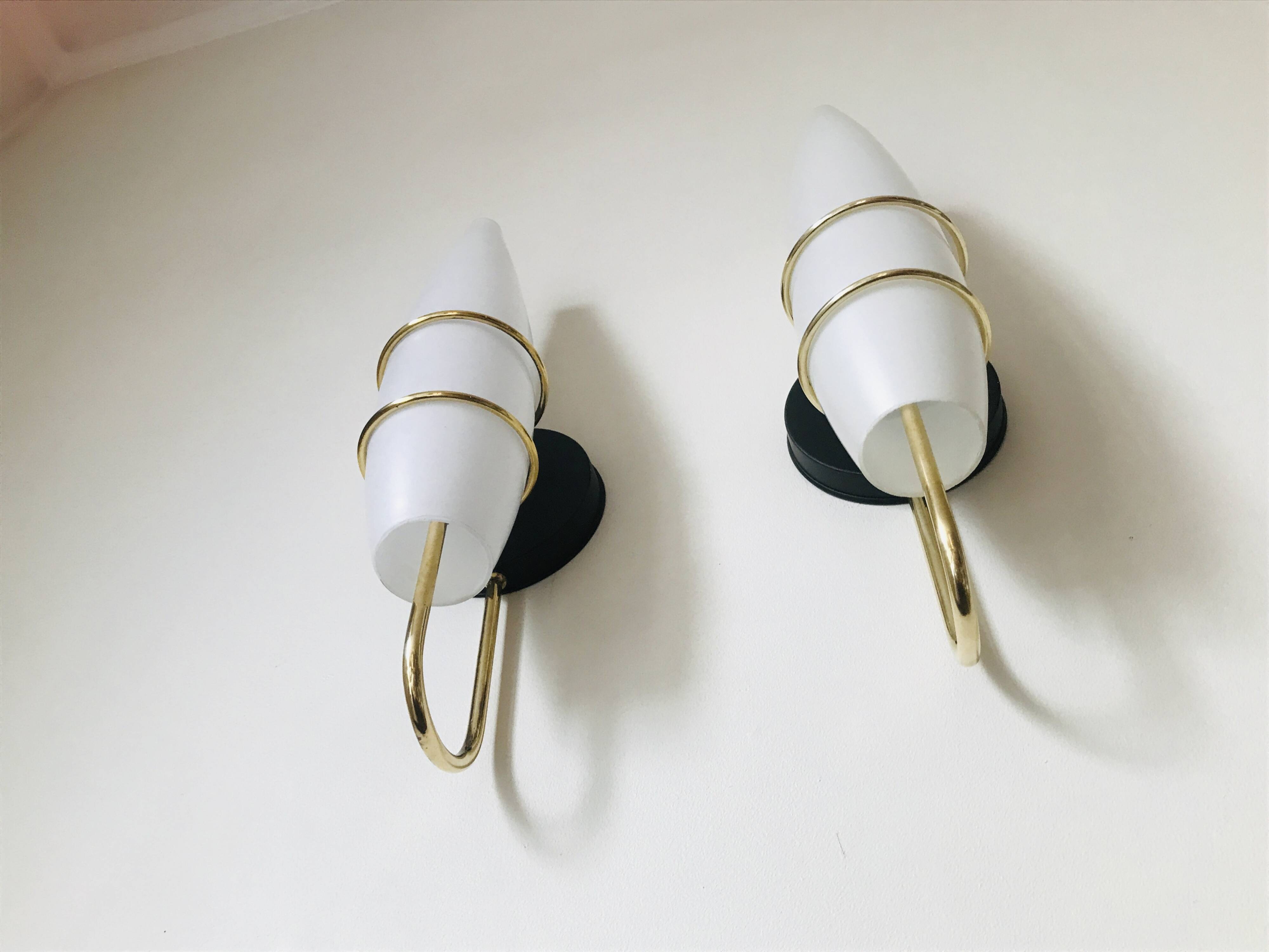 Pair of modernist wall lights in opaline brass white flame 1960 vintage minimalist