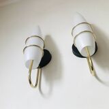 Pair of modernist wall lights in opaline brass white flame 1960 vintage minimalist