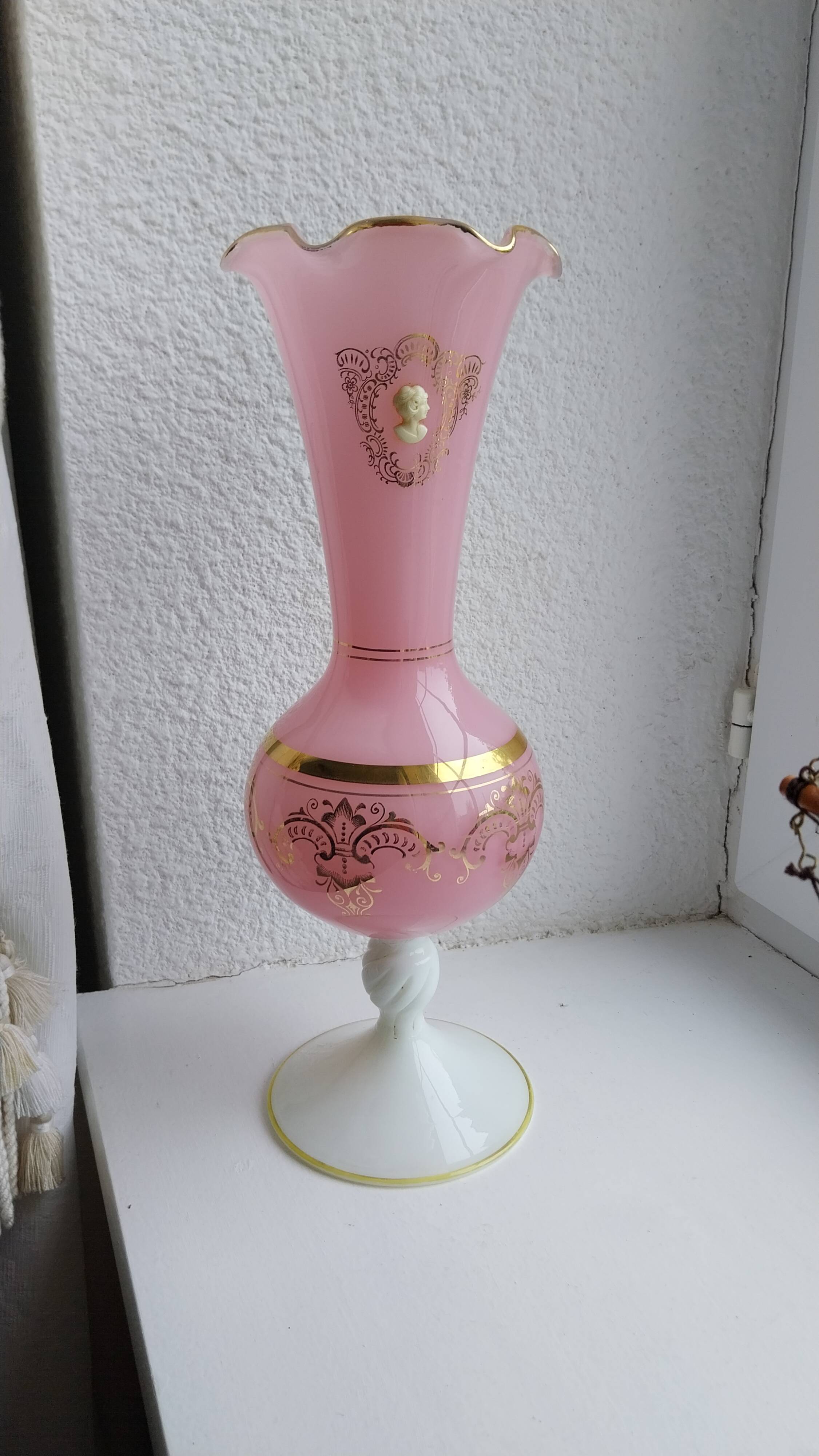 Opaline pink vase with cameo and gilding, 35cm