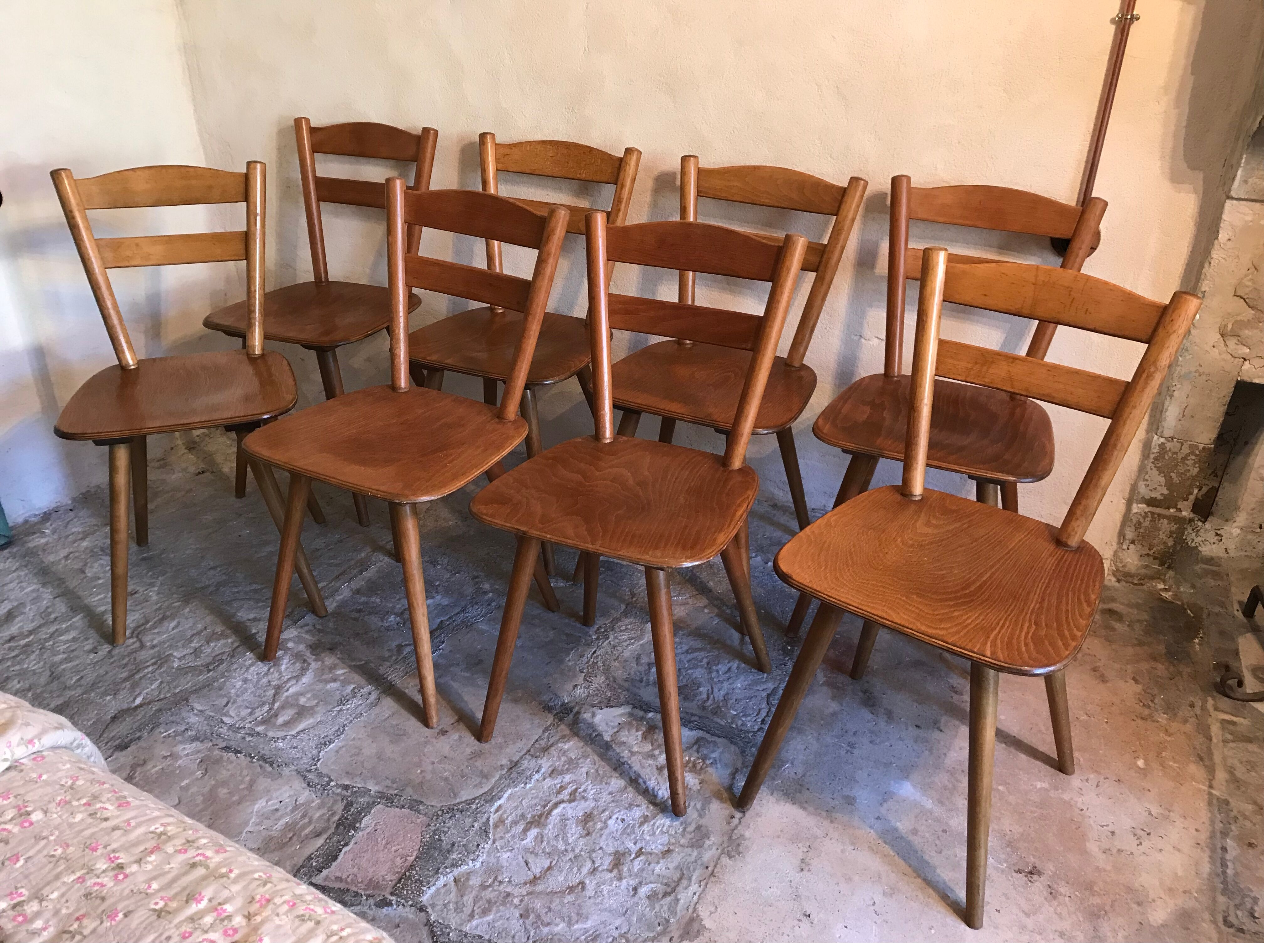 Set of 8 vintage beech chairs compass feet 1960's