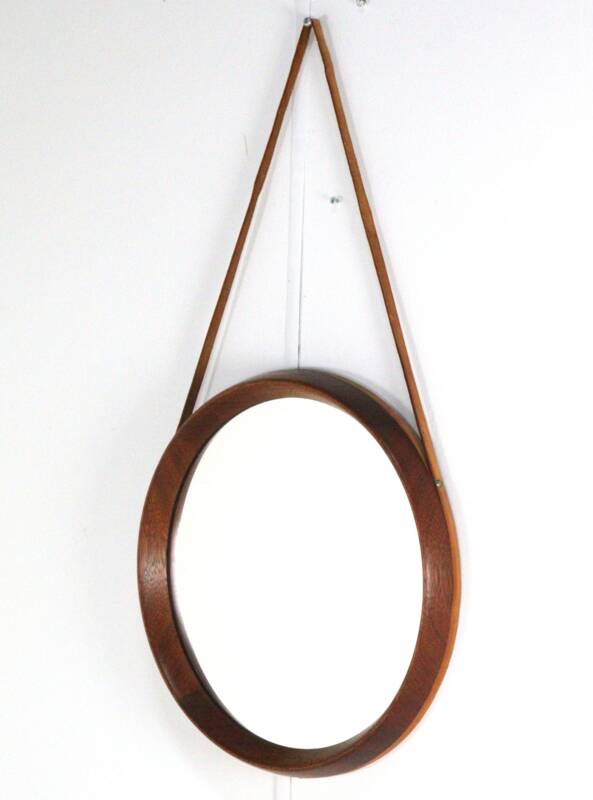 Round teak danish mirror with leather strap