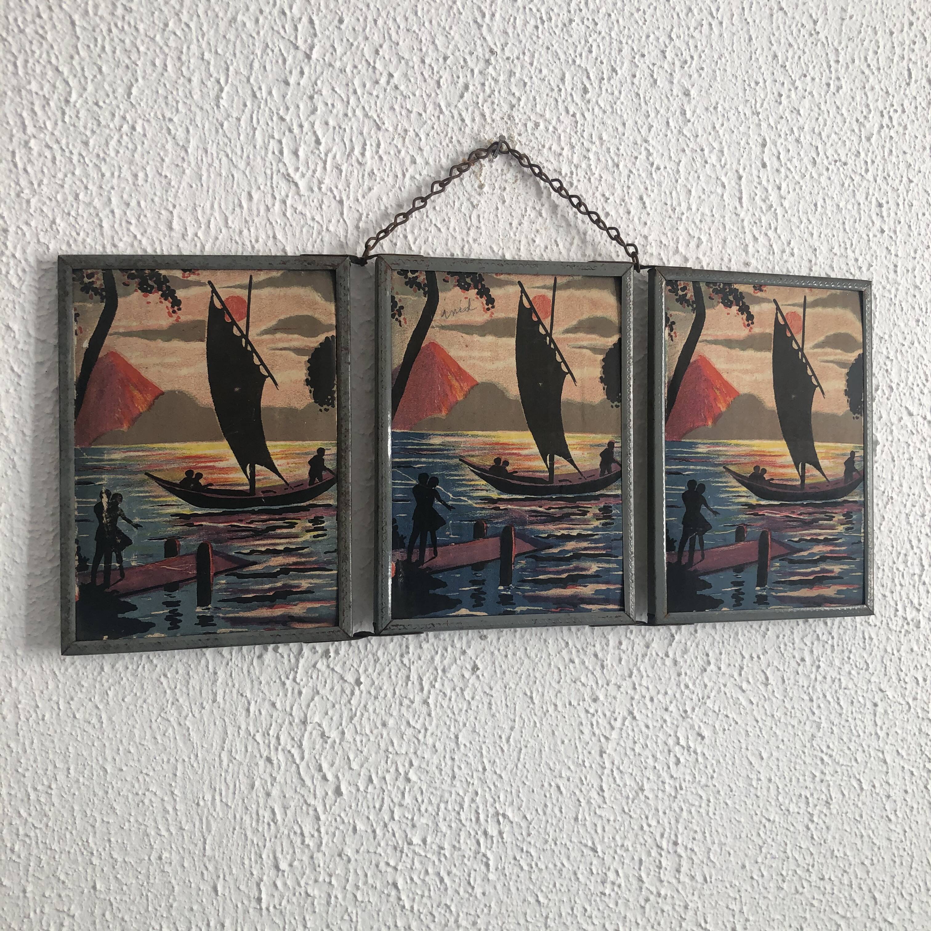 Vintage 1940s triptych mirror barber hairdresser boat sea - 16 x 37 cm