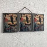 Miroir vintage 1940 triptyque barbier coiffeur bateau mer - 16 x 37 cm